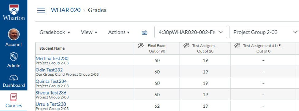 canvas gradebook showing section and group filters