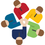 An illustration of five people in colorful shirts forming a circle and placing their hands together, representing teamwork and collaboration.