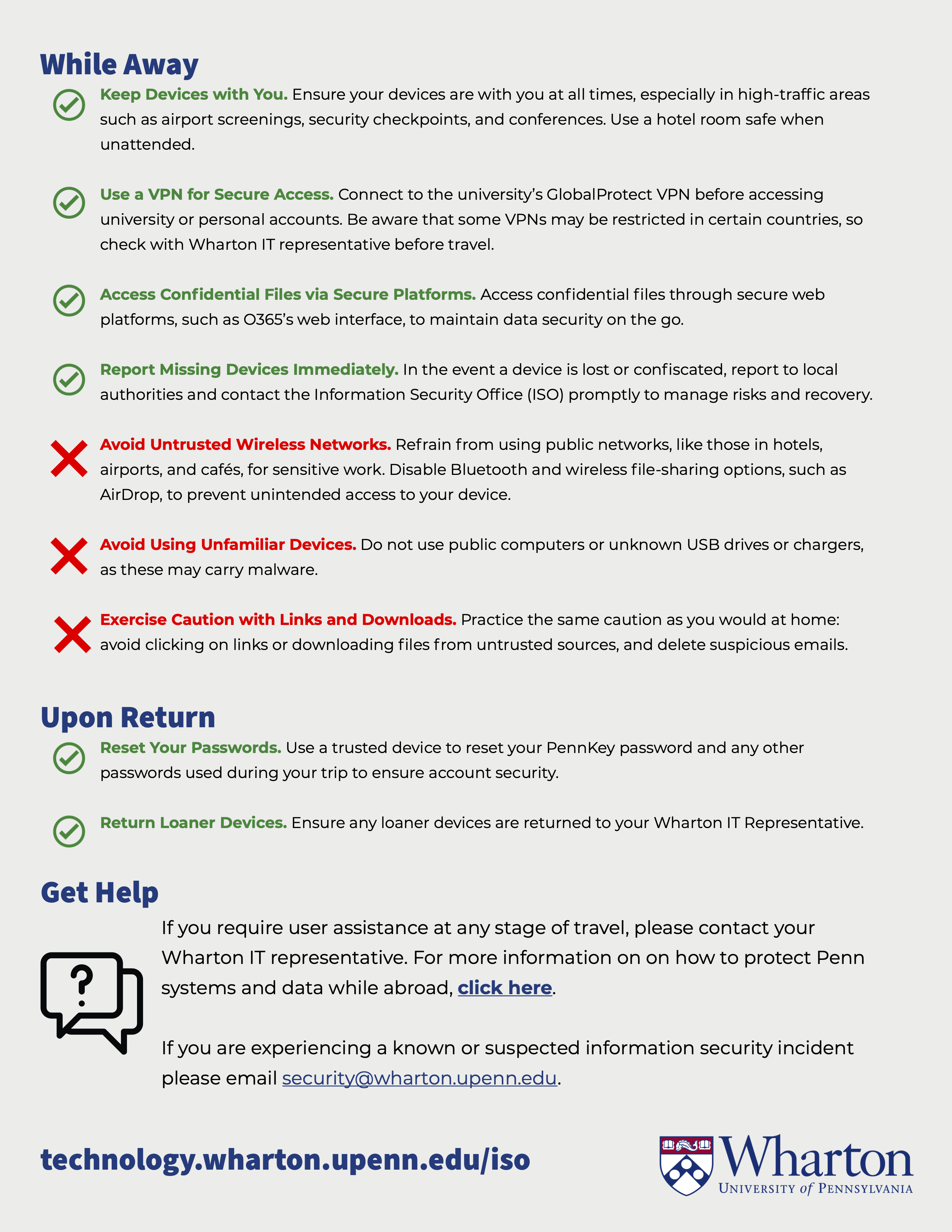 A Wharton information security notice for traveling, detailing tips for data safety. Includes guidelines such as using a VPN, reporting device loss, avoiding public networks, and resetting passwords. Contact details provided for assistance.